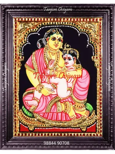 Authentic Yashodha Krishna Tanjore painting showing mother Yashoda holding child Krishna with traditional gold foil work